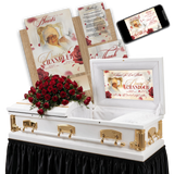 Memorial funeral design bundle with white casket, gold hardware, framed card, red roses