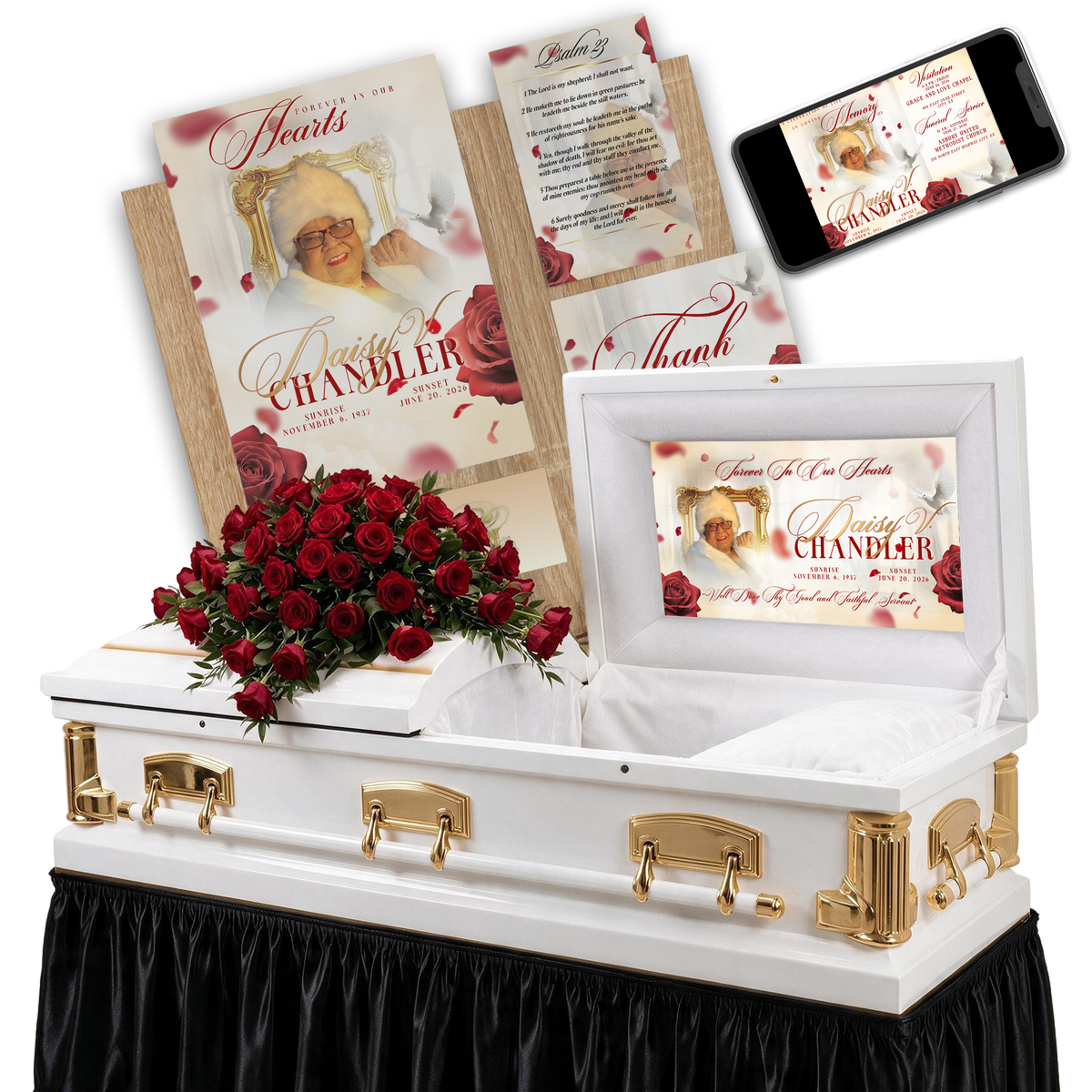 Memorial funeral design bundle with white casket, gold hardware, framed card, red roses