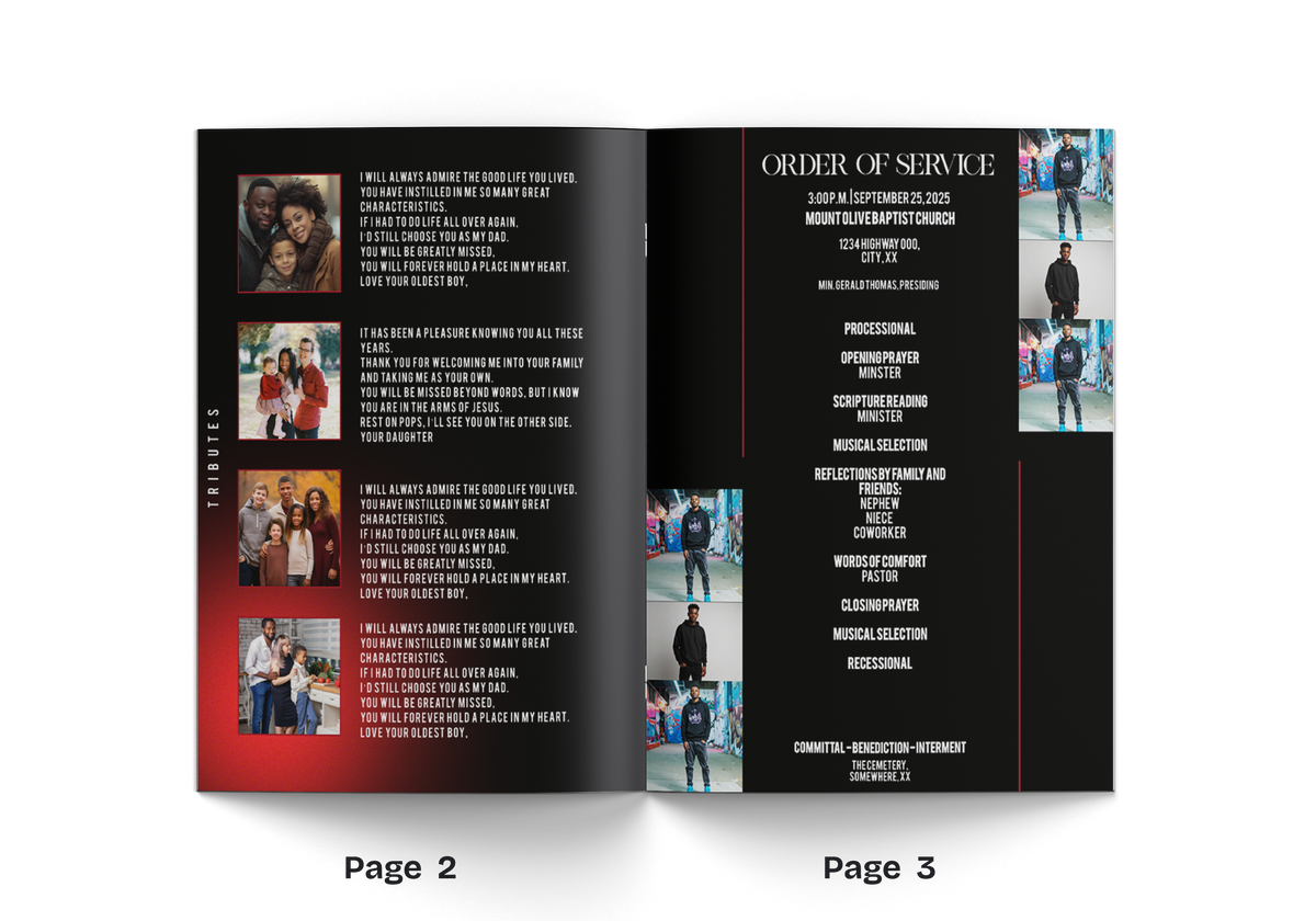 Open 8-page photo book with red and black order-of-service text and portrait panels