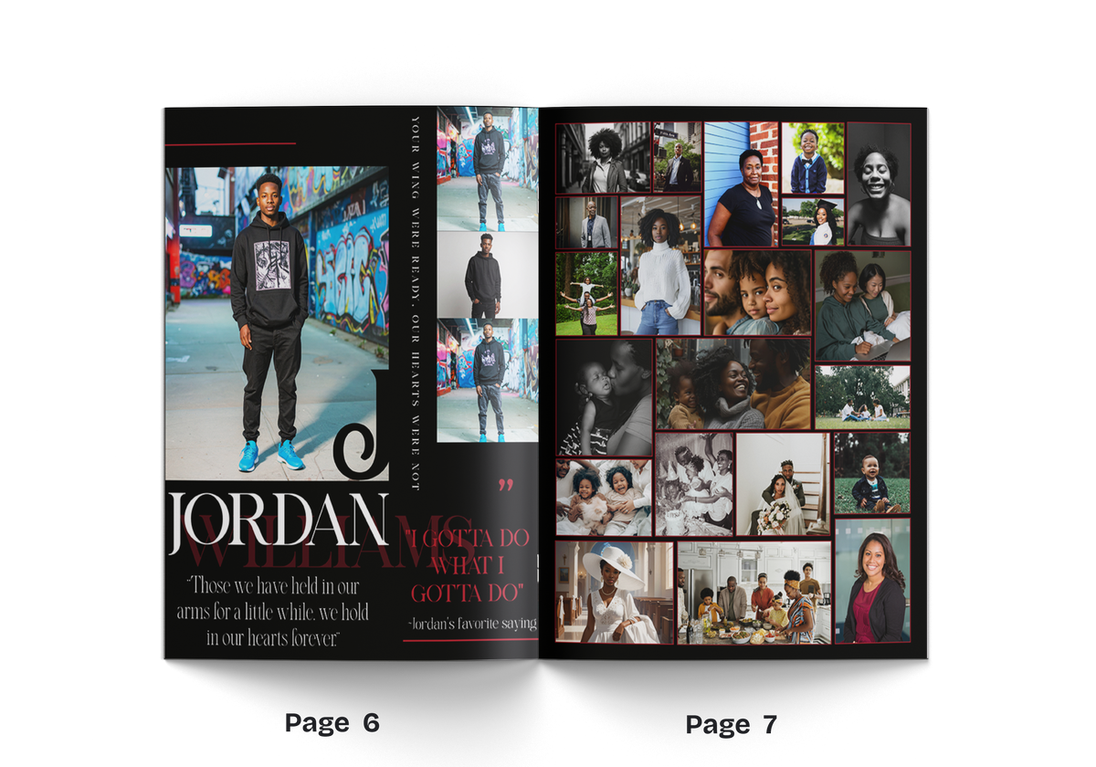 Open 8-page photo book with portrait collage, dark background, and small photo thumbnails