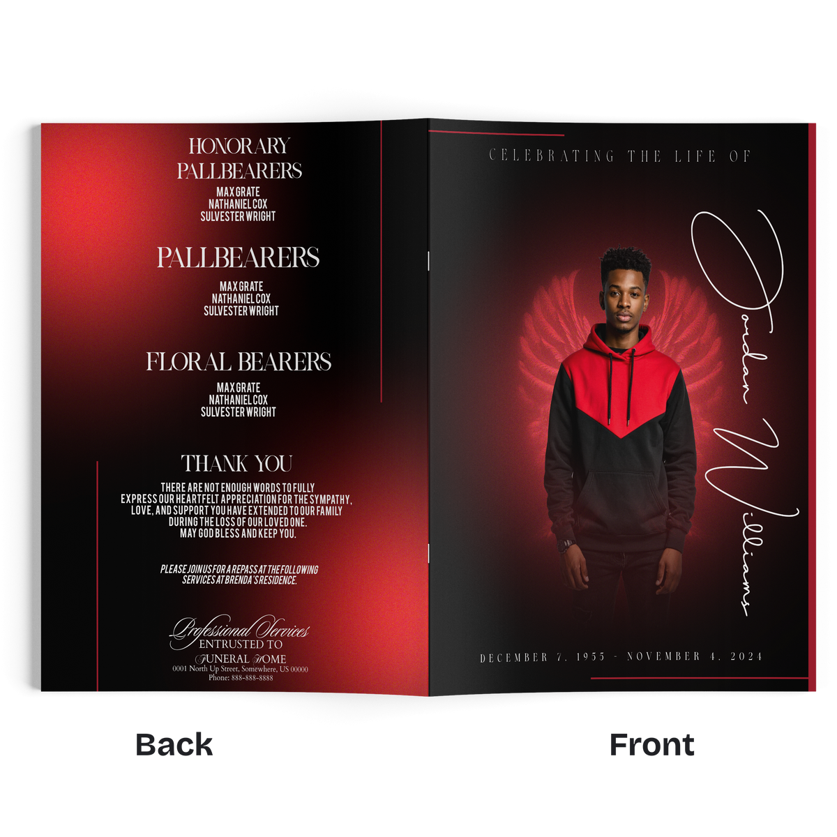 Open 8-page photo book spread with red wing graphic, portrait, and thank-you text