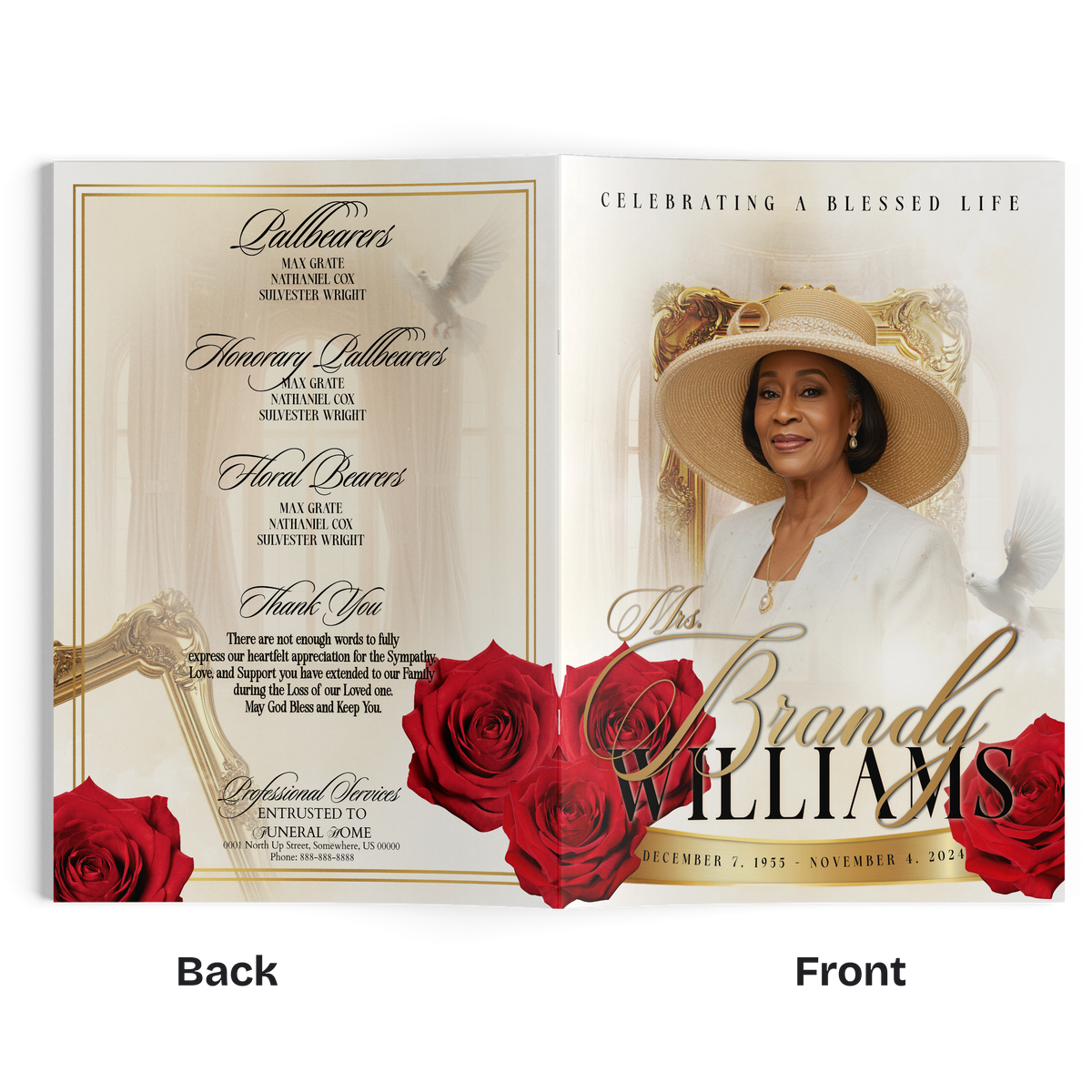 Memorial booklet open cover with seated portrait, thank-you text, and red rose details