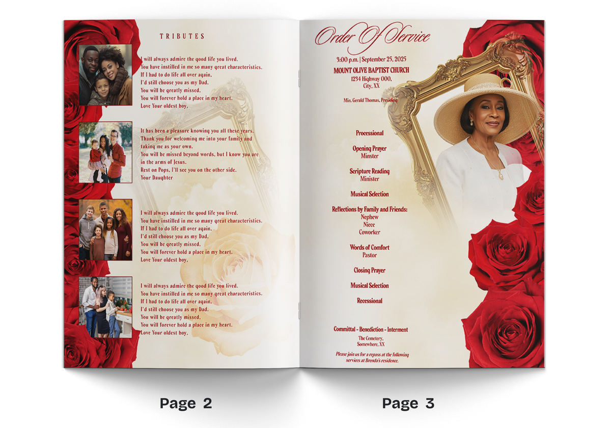 Memorial booklet open to pages 2 and 3 with portrait, text, and red rose accents