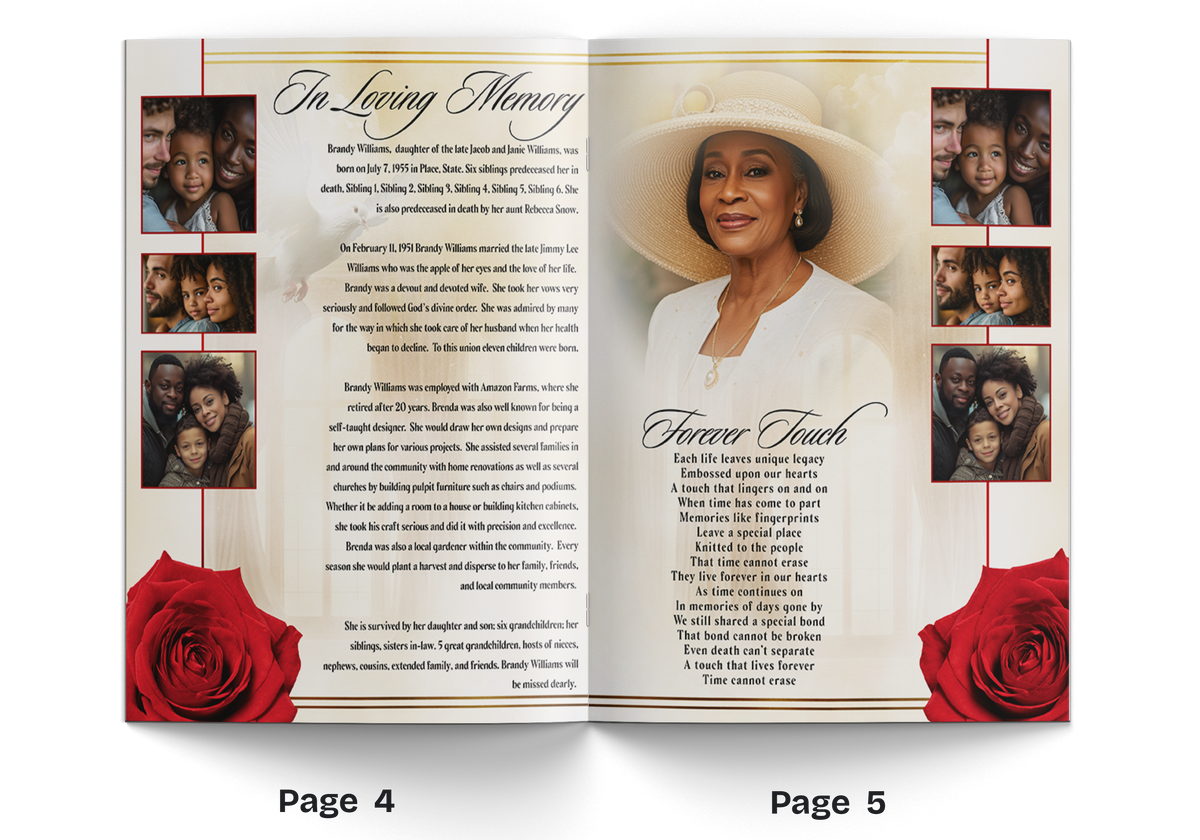 Memorial booklet open to pages 4 and 5 with photo collage, text, and red roses