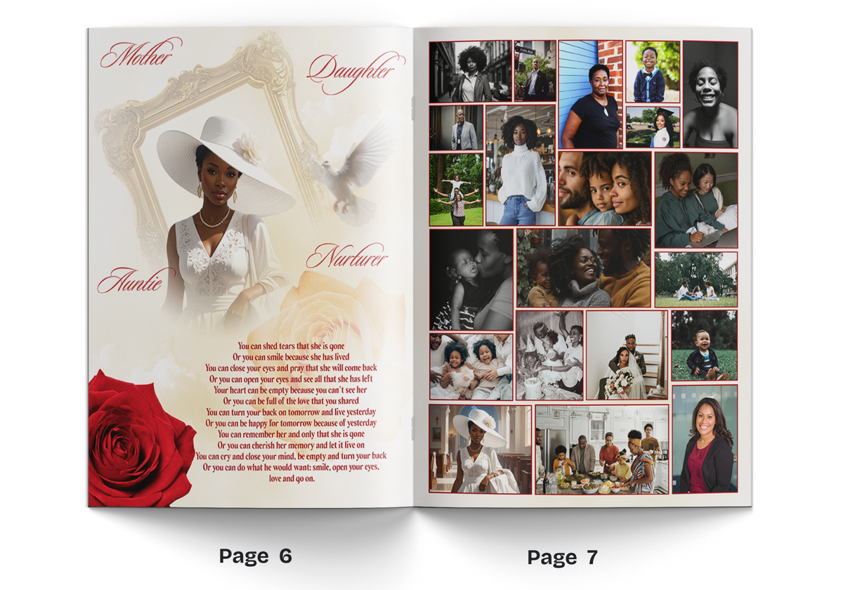 Memorial booklet open to pages 6 and 7 with photo grid, text, and red rose corners