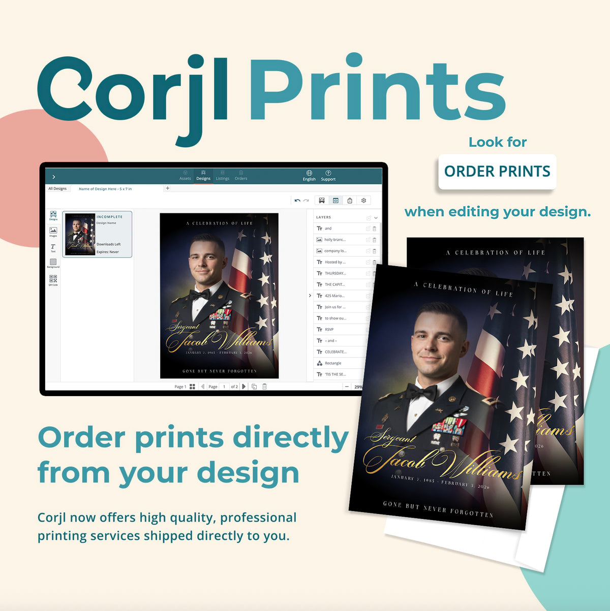 Military funeral portrait print with uniformed man and American flag, gold script