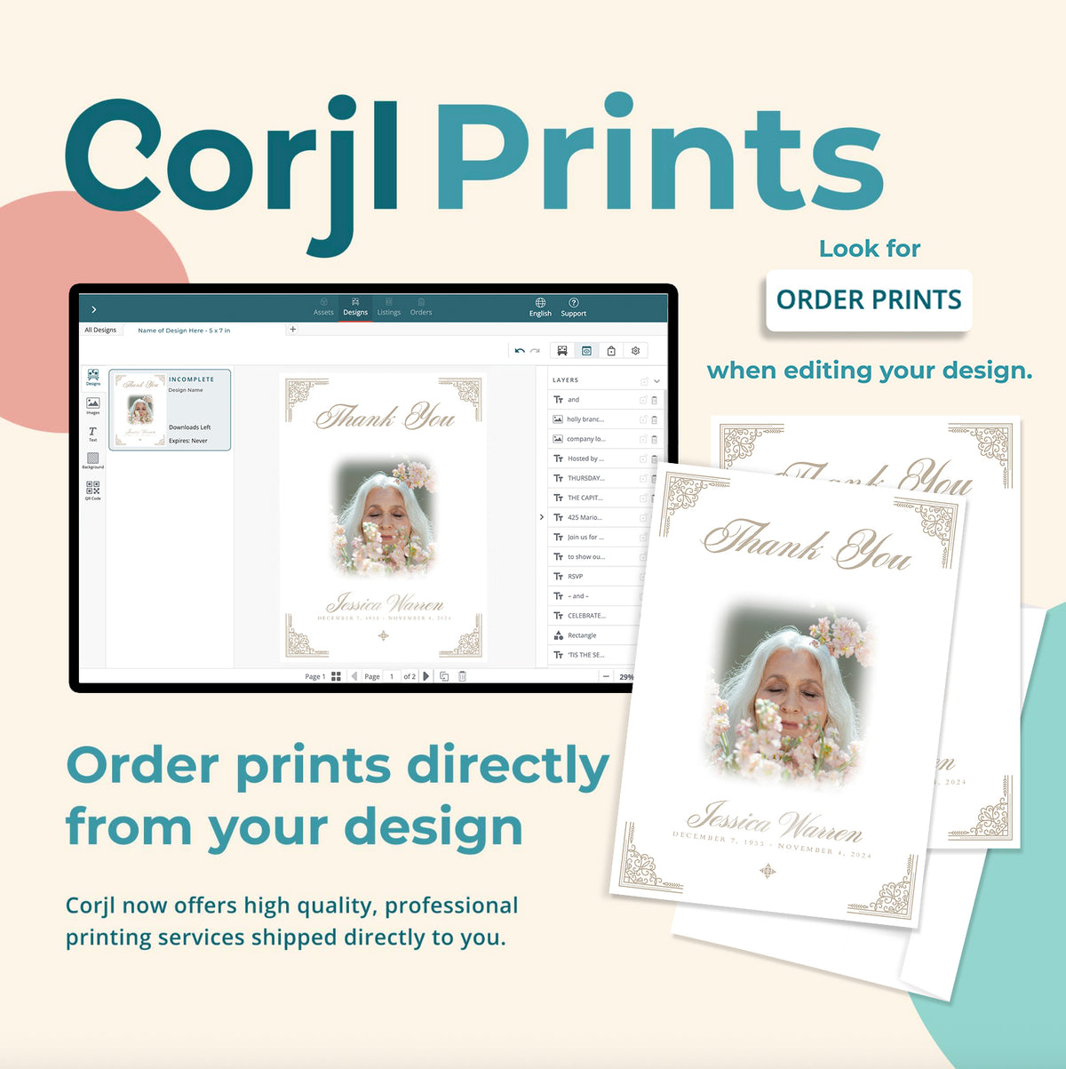 Funeral portrait print mockups on screen and cards, teal and cream layout