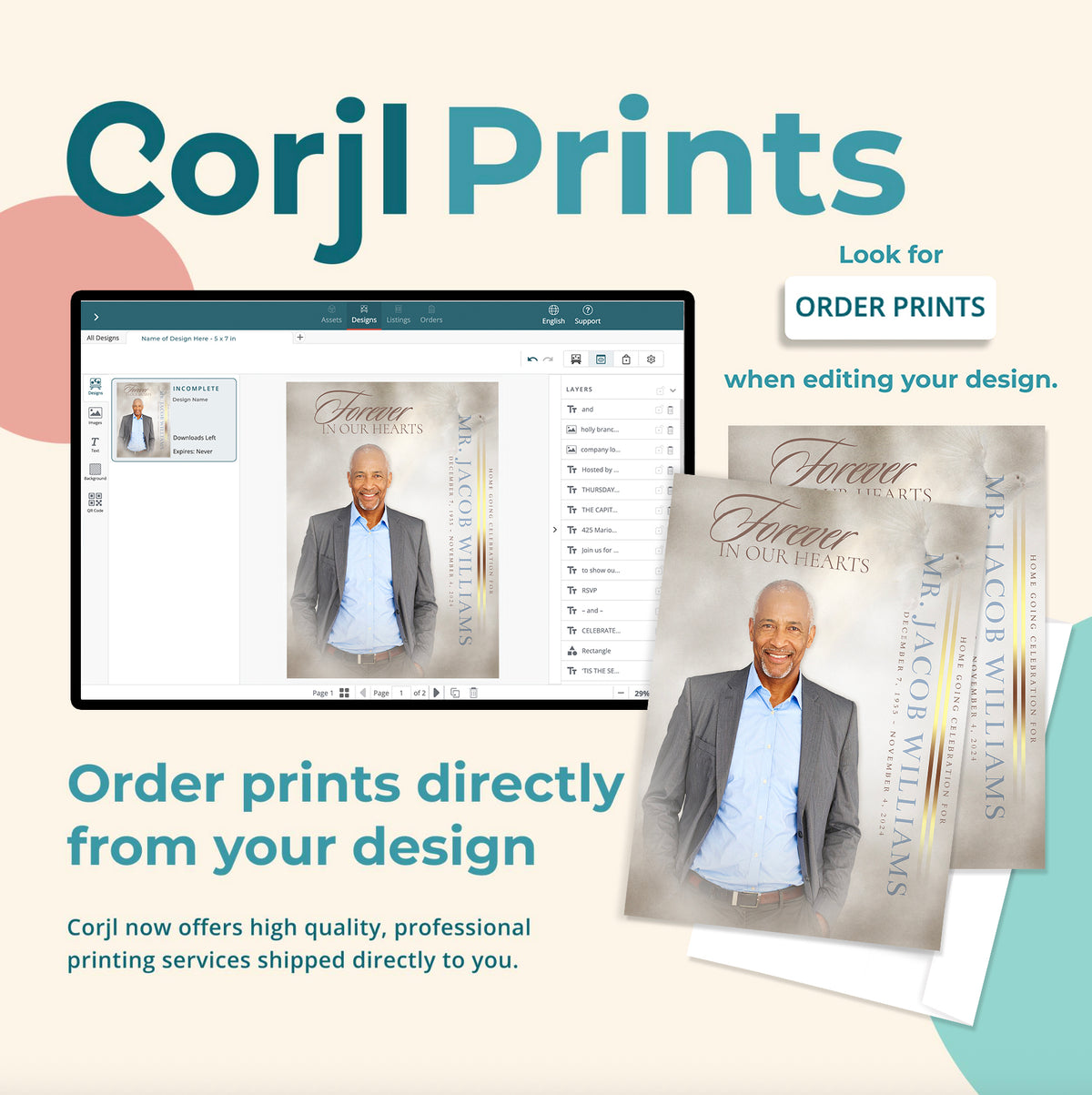 Funeral portrait ordering graphic showing edit screen and order prints prompt