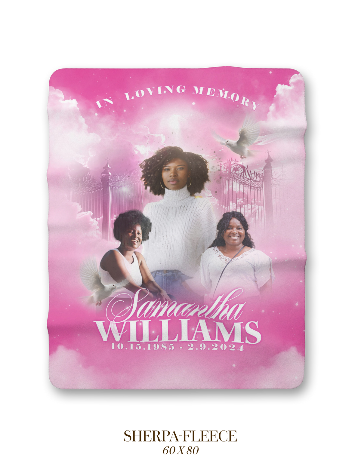 Memorial blanket with pink angel scene; rounded-edge photo print with white dove