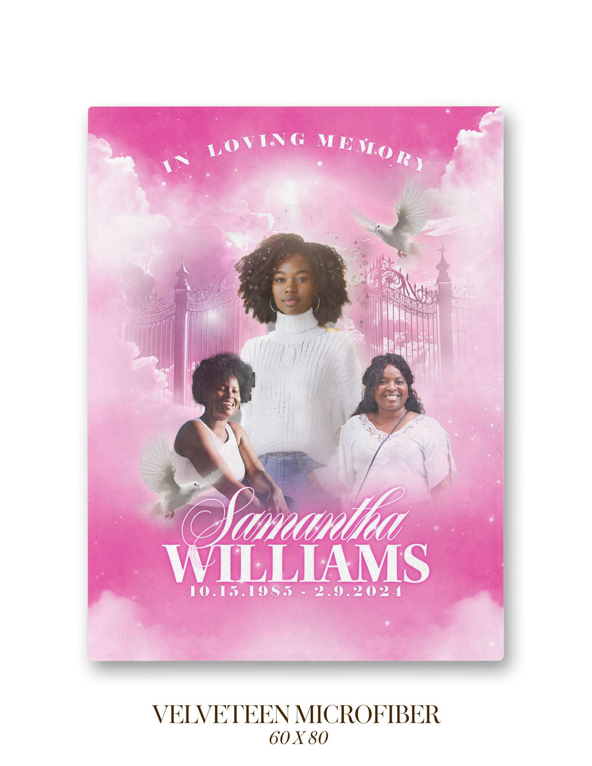 Memorial blanket with pink angel scene, white dove, and three-person photo print