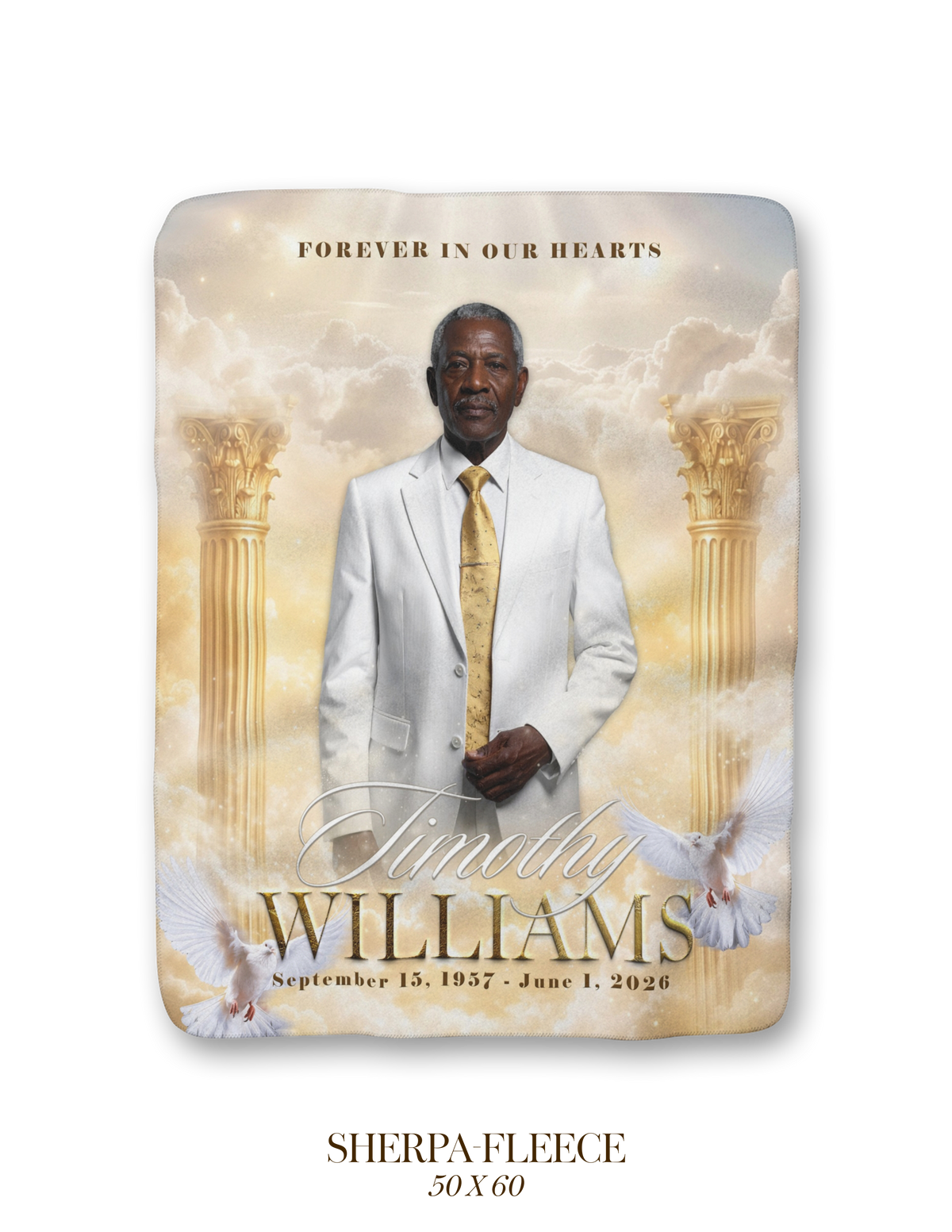 Memorial blanket with portrait, 'Timothy WILLIAMS' and golden pillars