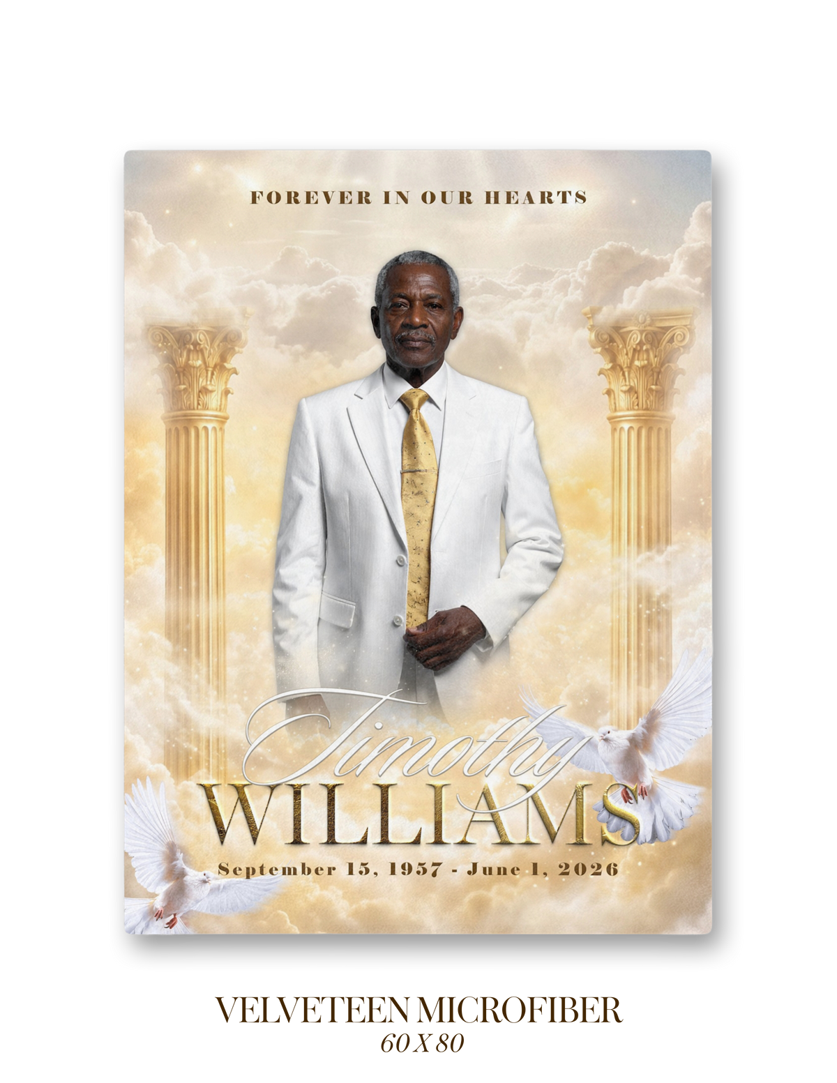 Memorial blanket with portrait, golden pillars, and text 'Forever in our hearts'