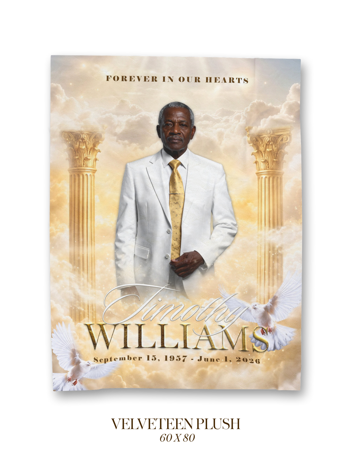 Memorial blanket with portrait, 'Timothy WILLIAMS', and dove-and-clouds artwork