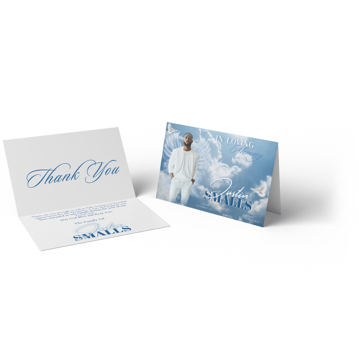 Thank you card set with white insert and blue sky front featuring man in white