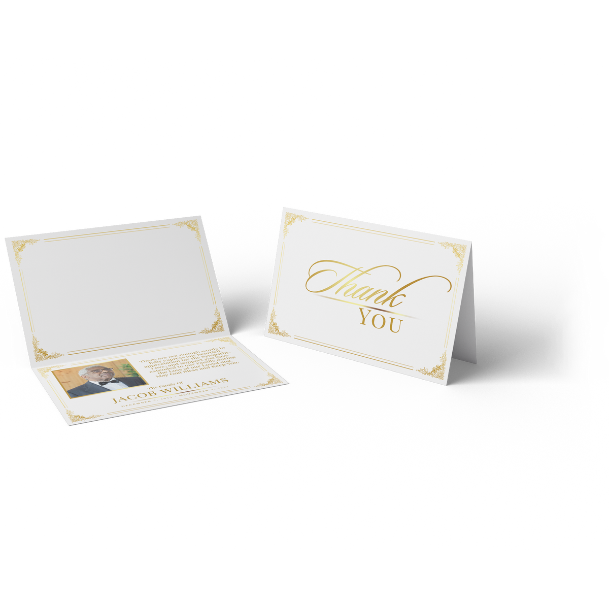 Thank You card opened view with gold frame, photo, and printed message text