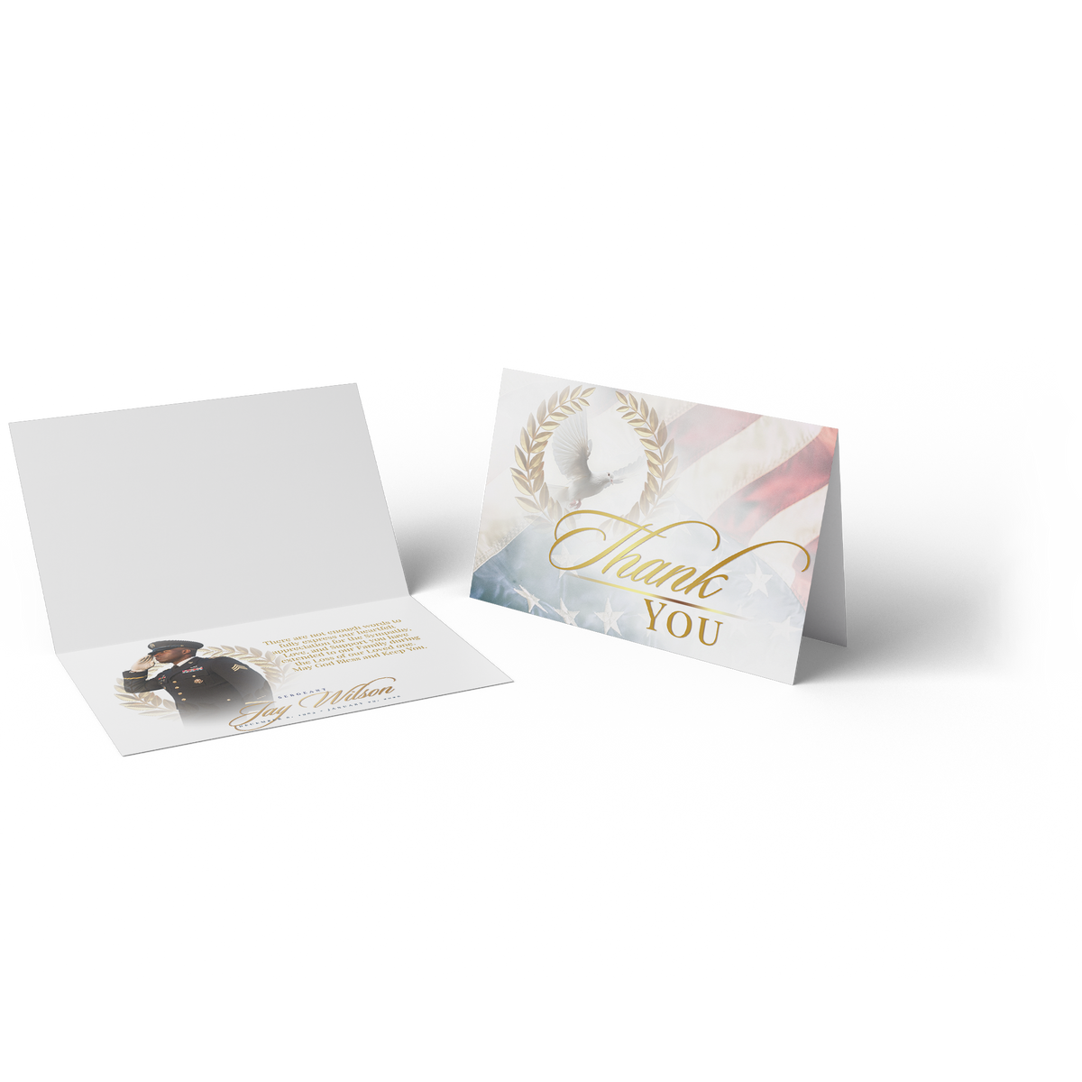 Thank you card set with gold script, dove and laurel wreath on folded cards