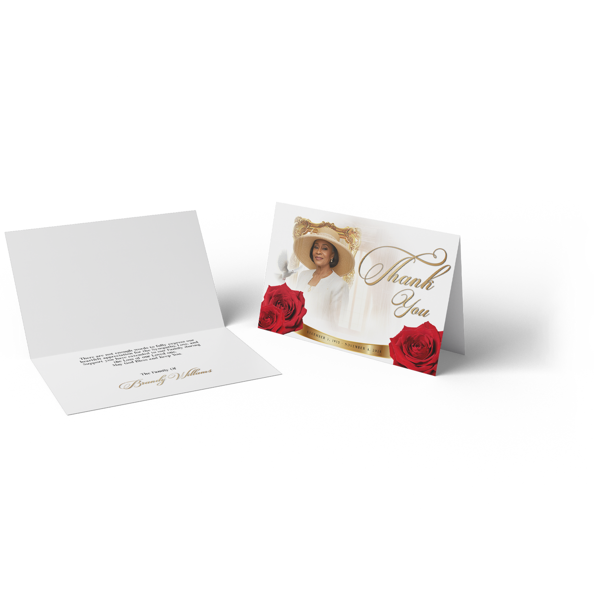 Thank-you card set with blank inside panel and front design featuring gold frame and red roses.