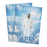 8-page funeral program booklet, angled blue sky clouds with Justin Smalls title