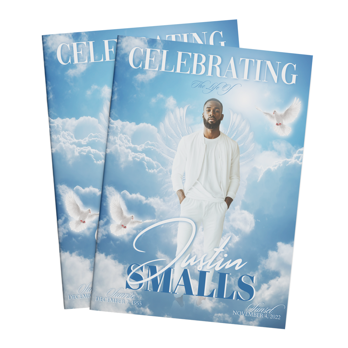 8-page funeral program booklet, angled blue sky clouds with Justin Smalls title