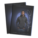 Printed booklet covers angled, featuring portrait photo and blue angel wing script