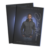 Printed booklet covers angled, featuring portrait photo and blue angel wing script