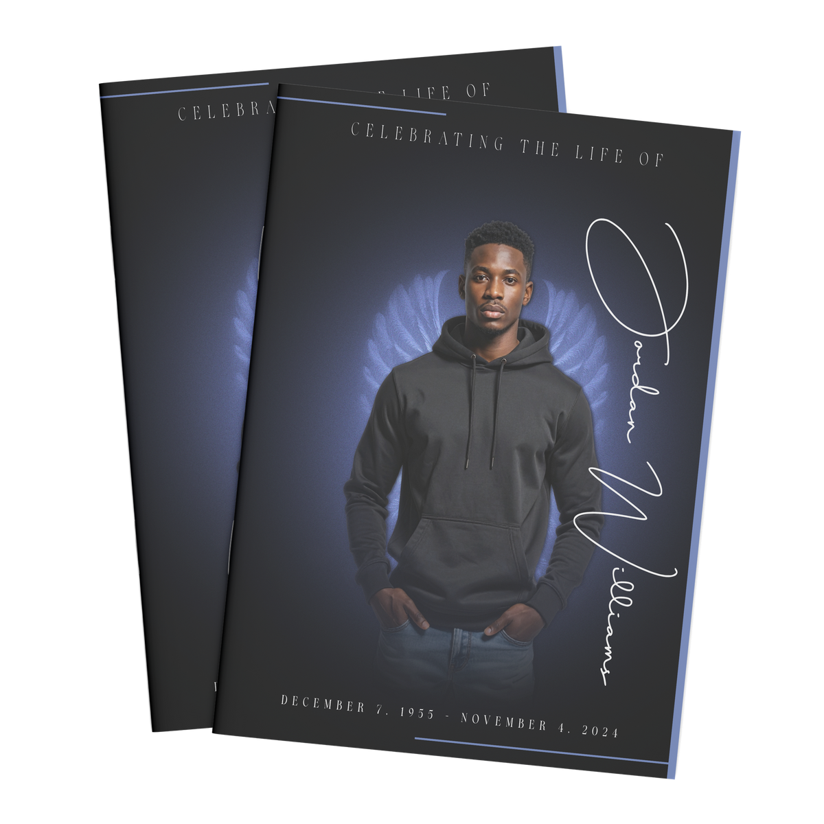 Printed booklet covers angled, featuring portrait photo and blue angel wing script