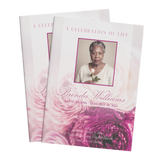 Mauve rose funeral program booklet covers, stacked with portrait frame and date