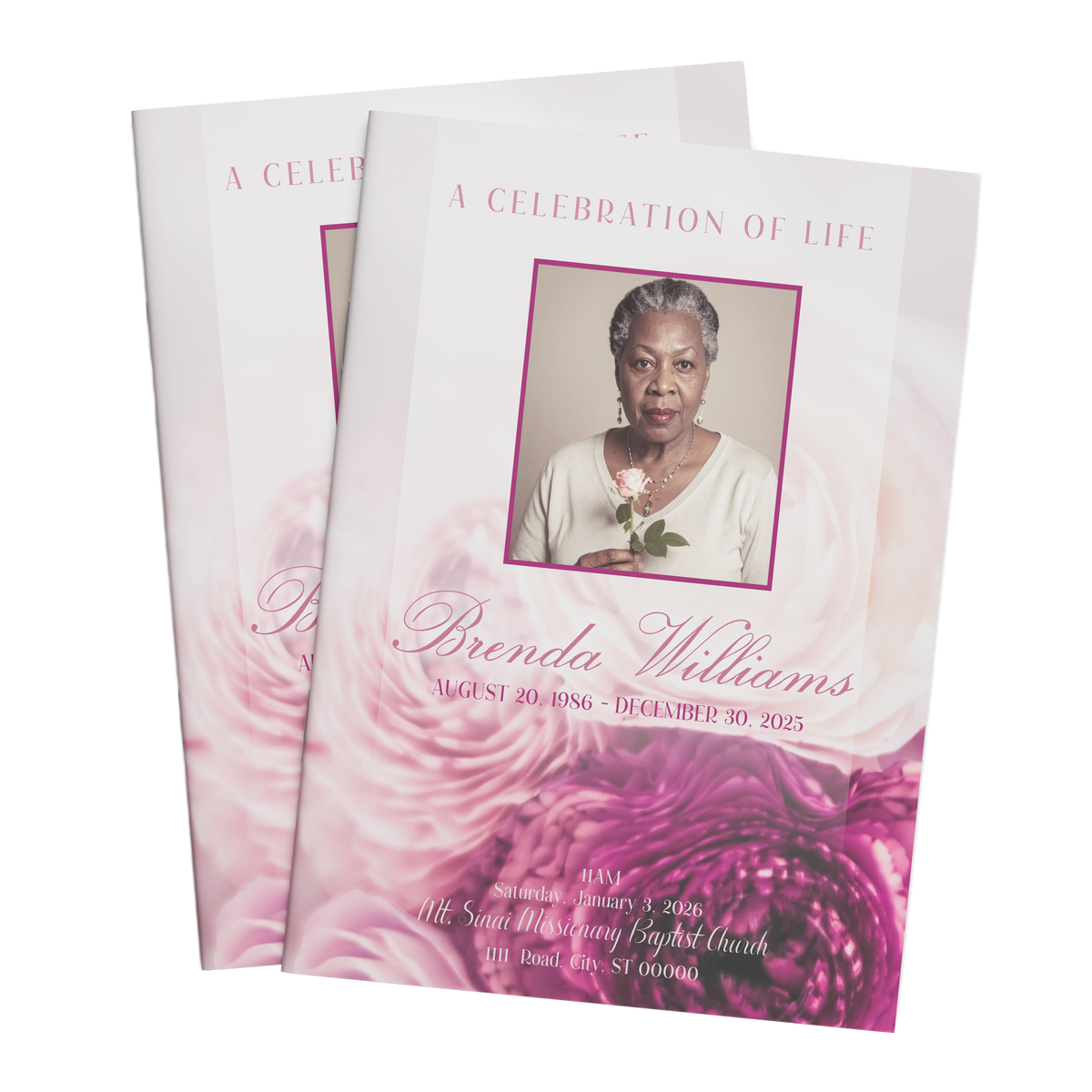 Mauve rose funeral program booklet covers, stacked with portrait frame and date