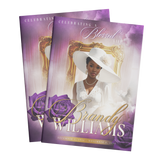 Purple and gold 8-page funeral program booklet, two front covers with woman portrait
