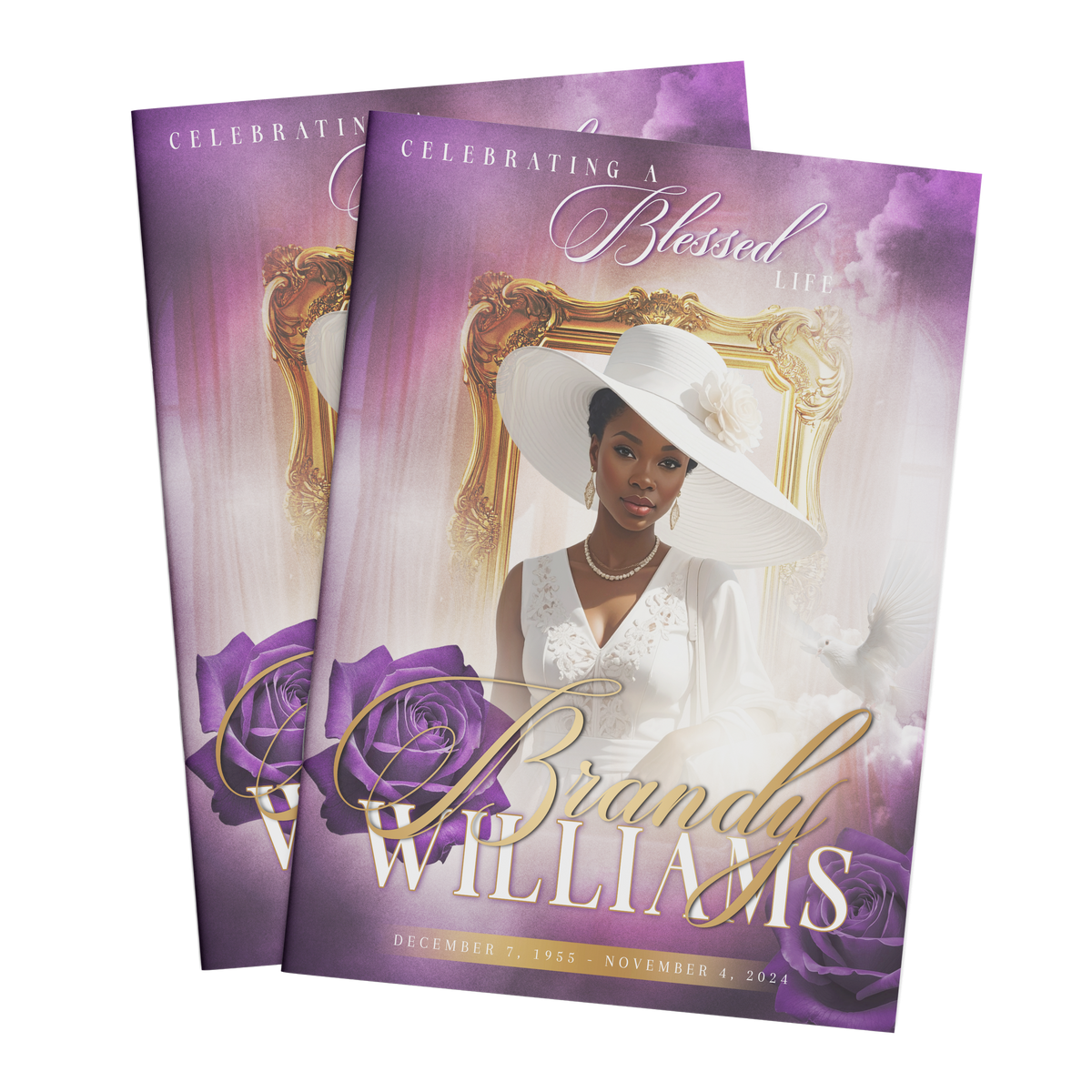 Purple and gold 8-page funeral program booklet, two front covers with woman portrait