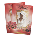 8-page memorial booklet front cover set, white hat portrait, red roses, gold frame