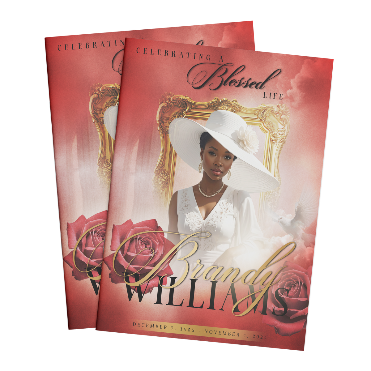 8-page memorial booklet front cover set, white hat portrait, red roses, gold frame