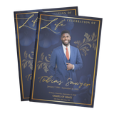 Navy and gold baroque 8-page funeral program, two standing covers with portrait.