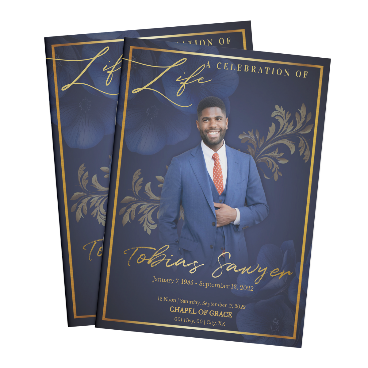 Navy and gold baroque 8-page funeral program, two standing covers with portrait.