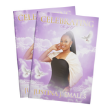 8-page memorial booklet, two matching covers with lavender clouds and smiling portrait