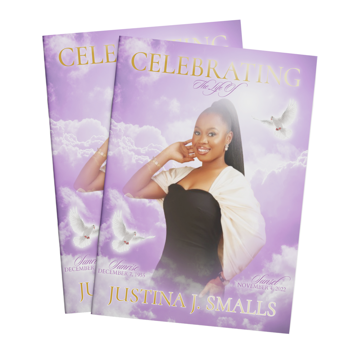 8-page memorial booklet, two matching covers with lavender clouds and smiling portrait