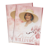 Rose-gold orchid memorial booklet cover featuring a smiling woman in a white outfit and hat