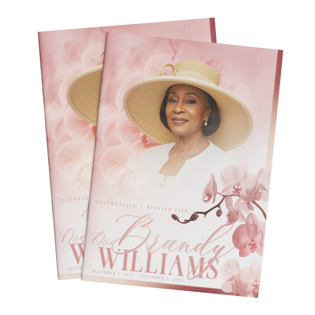 Rose-gold orchid memorial booklet cover featuring a smiling woman in a white outfit and hat