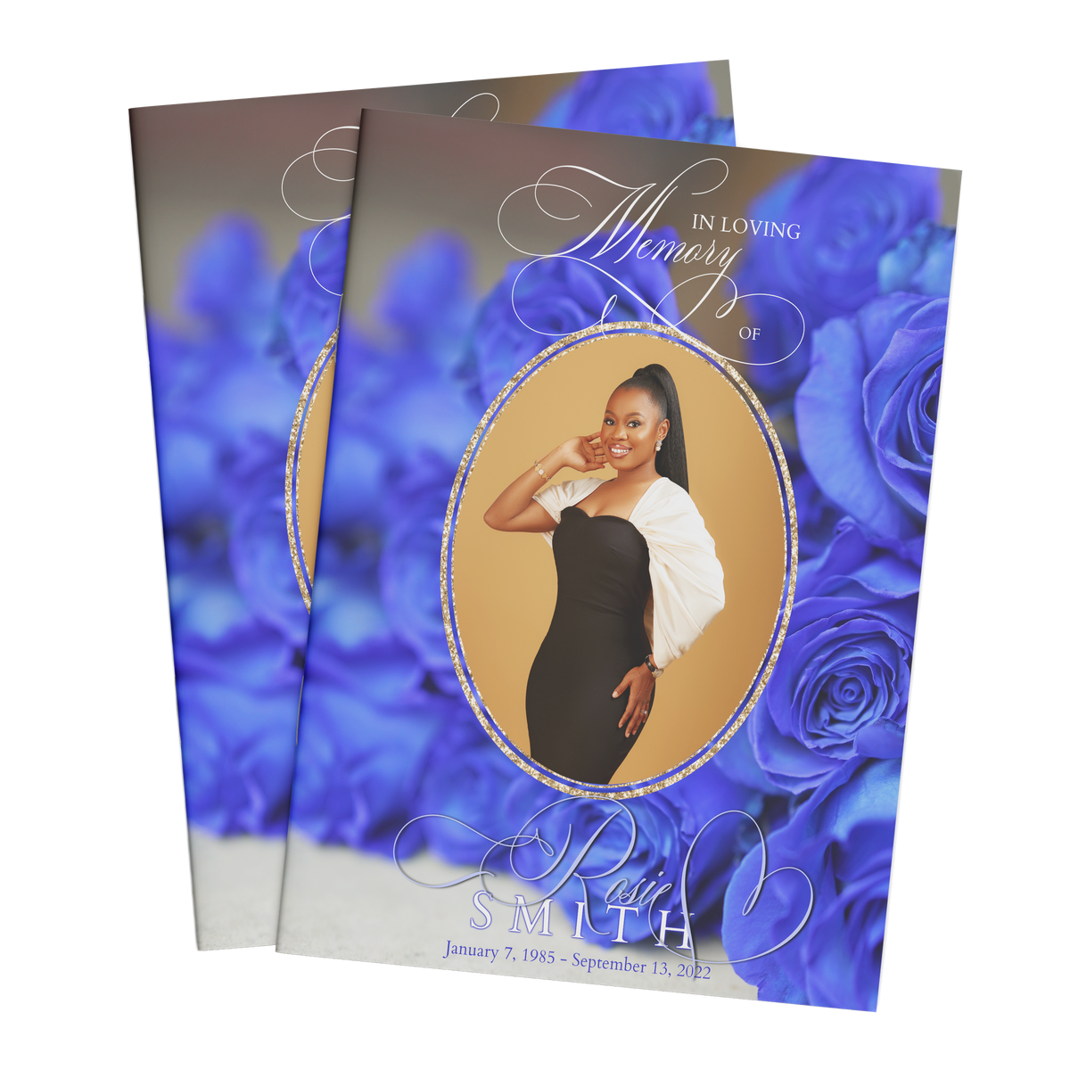 Memorial booklet cover with blue rose design and oval portrait of a woman in black dress