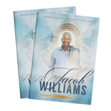 Memorial program booklet covers with arch portrait and Jacob Williams text on blue.