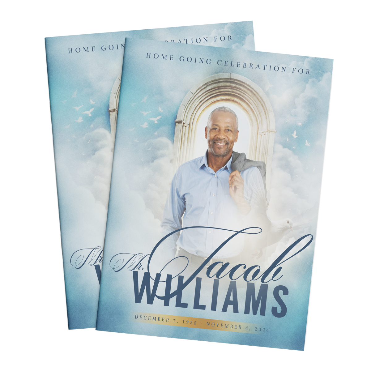 Memorial program booklet covers with arch portrait and Jacob Williams text on blue.