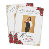 Event invitation booklet cover with gold glitter text and red rose floral corners