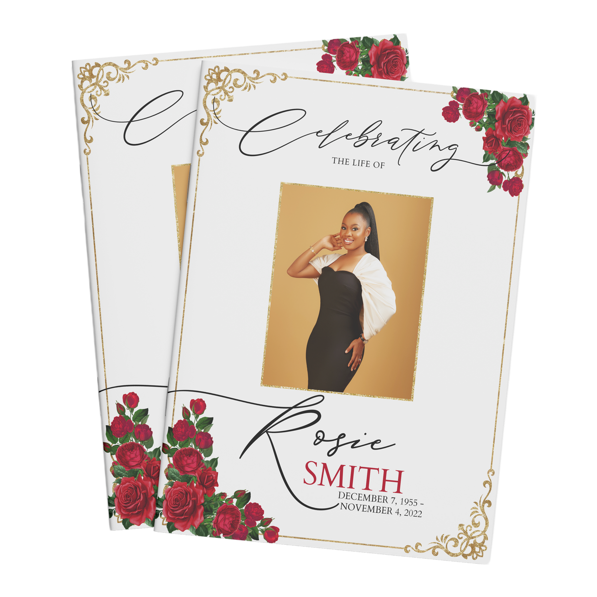 Event invitation booklet cover with gold glitter text and red rose floral corners