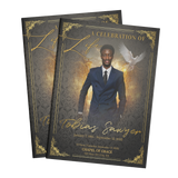 Set of black and gold memorial program booklets with portrait cover and elegant script