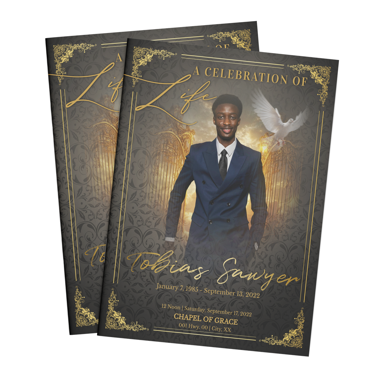 Set of black and gold memorial program booklets with portrait cover and elegant script
