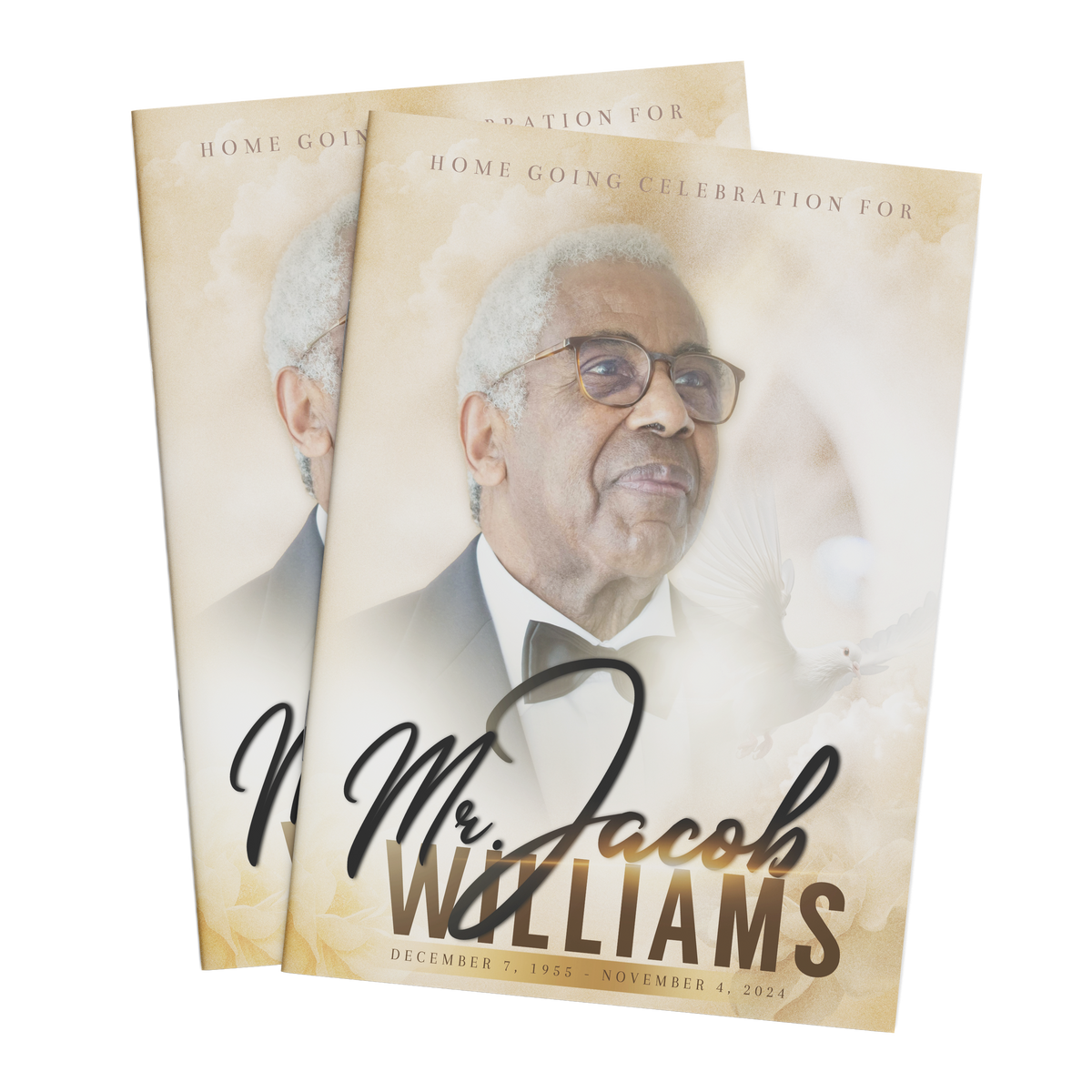 Memorial brochure cover with Mr. Jacob Williams portrait and decorative title
