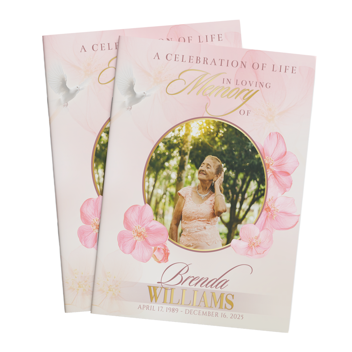 Memorial booklet cover with pink floral frame and circular portrait photo window