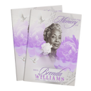 Memorial keepsake booklet set with purple peony floral cover and woman portrait