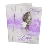 Memorial keepsake booklet set with purple peony floral cover and woman portrait