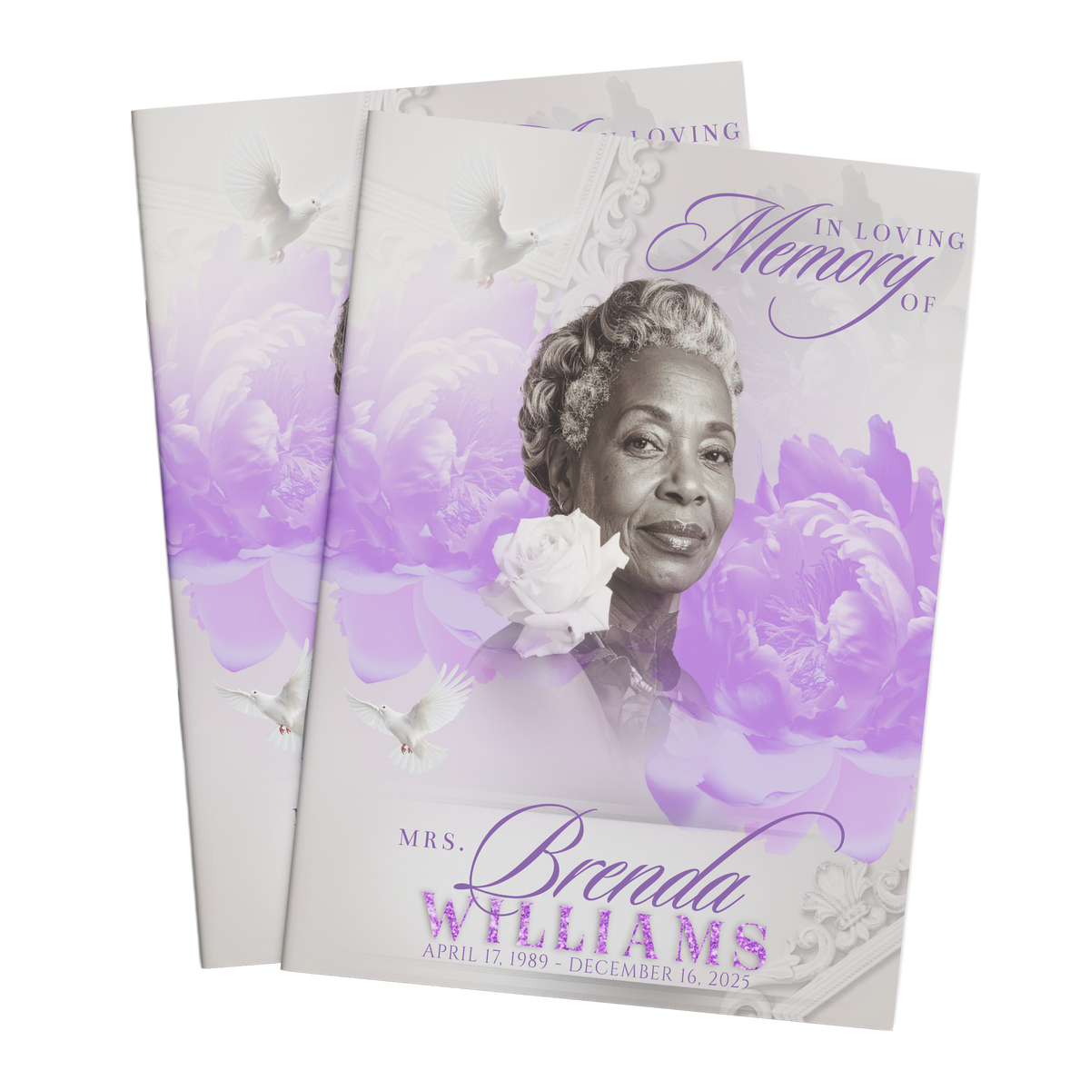 Memorial keepsake booklet set with purple peony floral cover and woman portrait